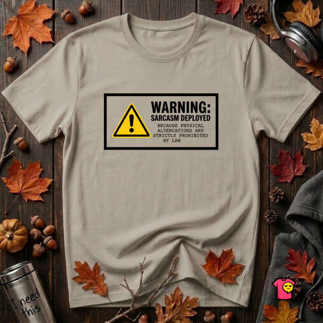 Warning Sarcasm Deployed graphic t-shirt in Heather Stone by Snarky Sarks