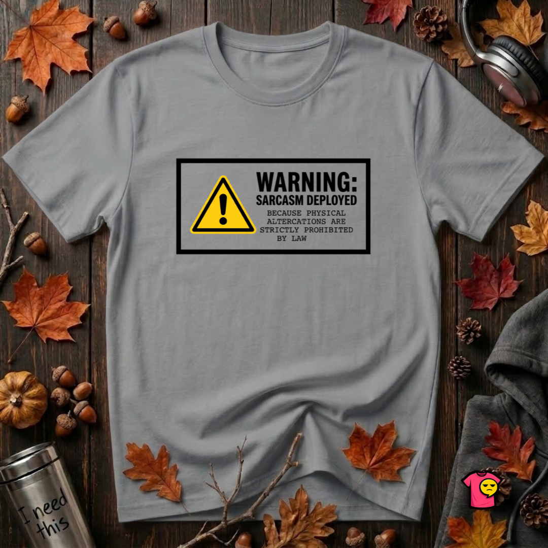 Warning Sarcasm Deployed graphic t-shirt in Heather Storm by Snarky Sarks