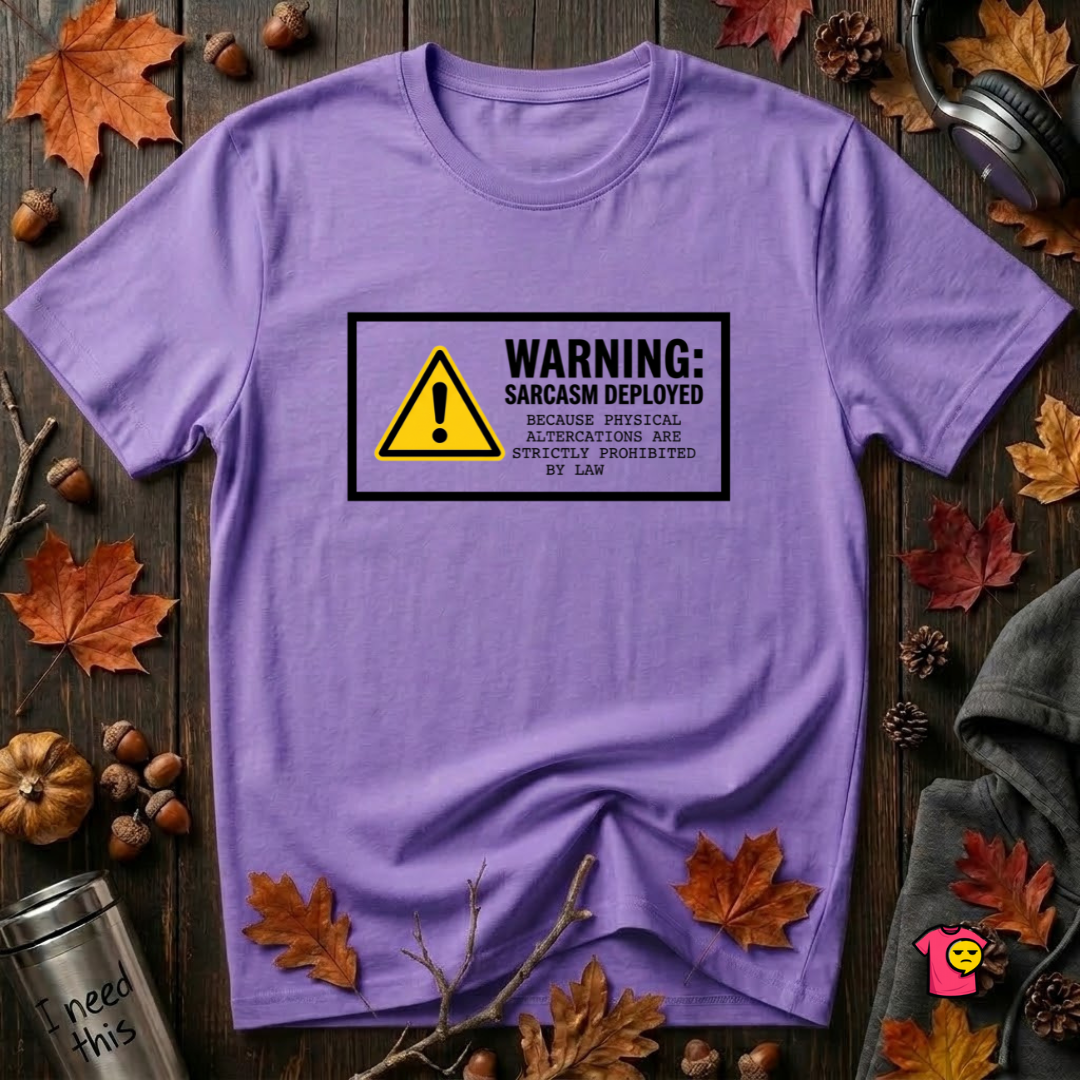 Warning Sarcasm Deployed graphic t-shirt in Heather Team Purple by Snarky Sarks