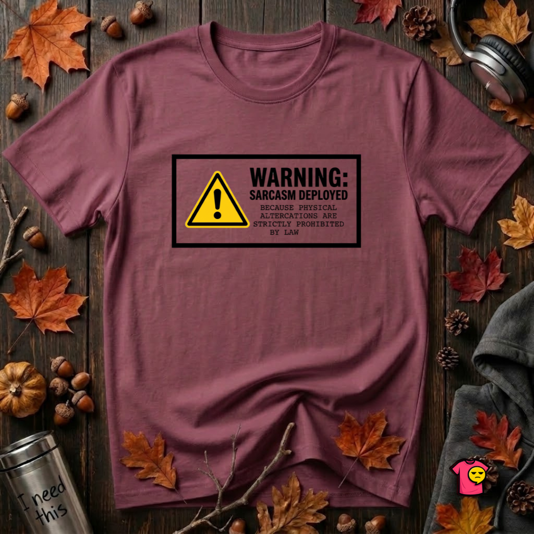 Warning Sarcasm Deployed graphic t-shirt in Maroon by Snarky Sarks