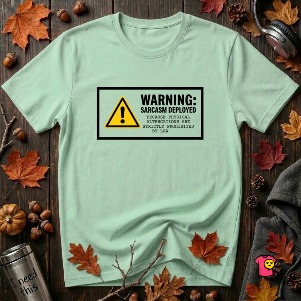 Warning Sarcasm Deployed graphic t-shirt in Mint by Snarky Sarks