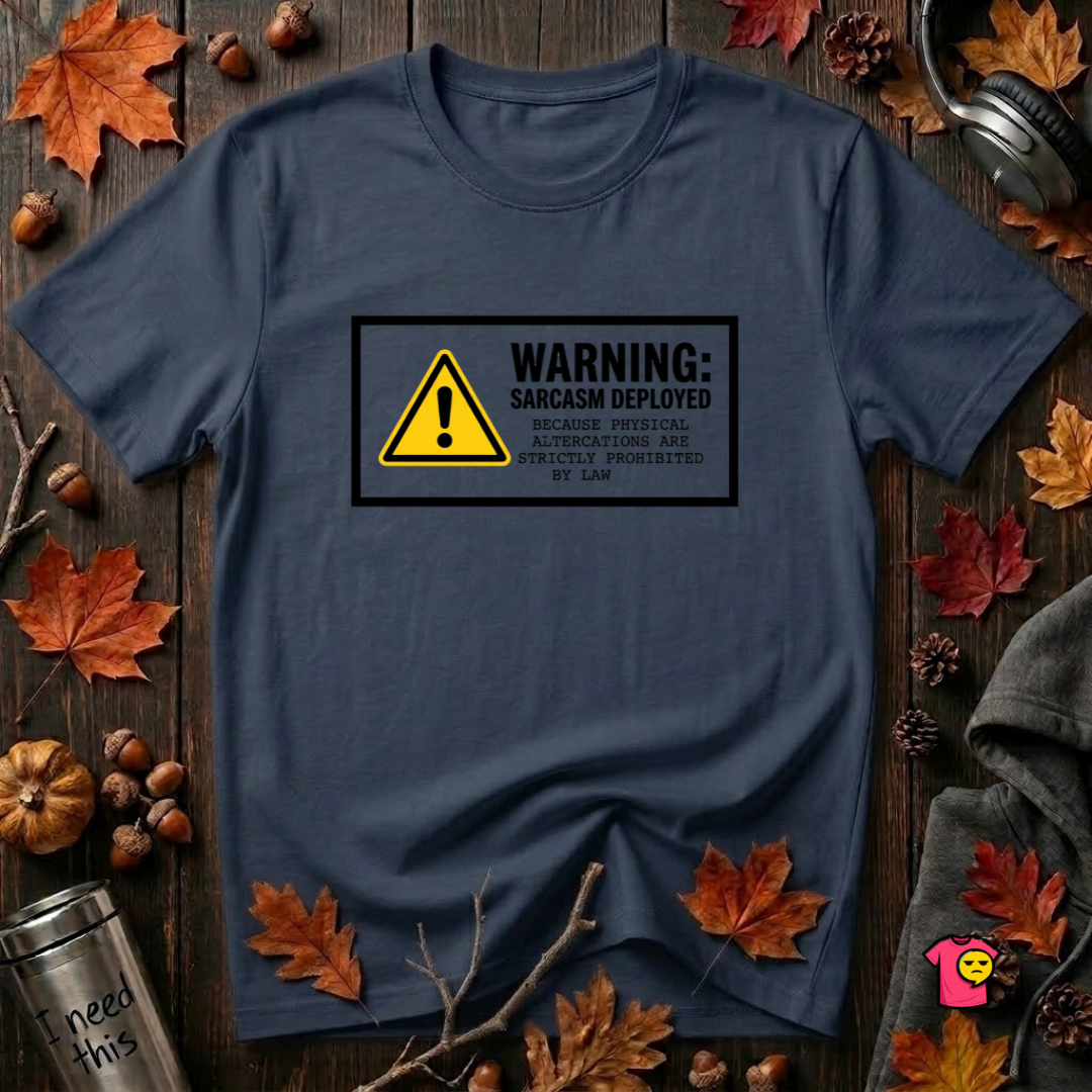Warning Sarcasm Deployed graphic t-shirt in Navy by Snarky Sarks
