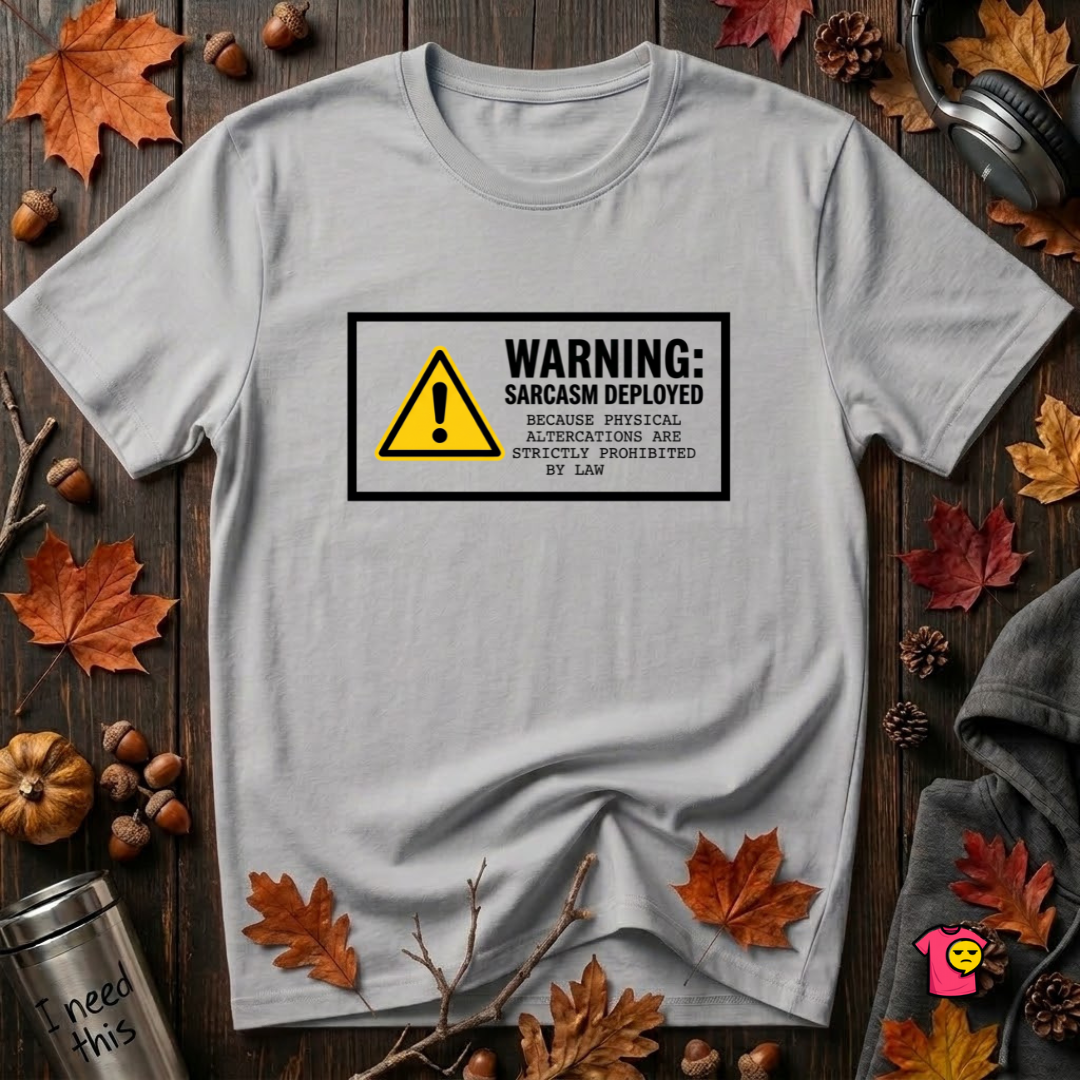 Warning Sarcasm Deployed graphic t-shirt in Solid Athletic Gray by Snarky Sarks