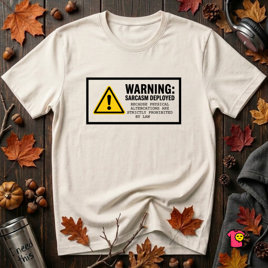 Warning Sarcasm Deployed graphic t-shirt in White by Snarky Sarks