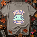 Weekends are for Gaming sarcastic gaming t-shirt in Deep Heather by Snarky Sarks