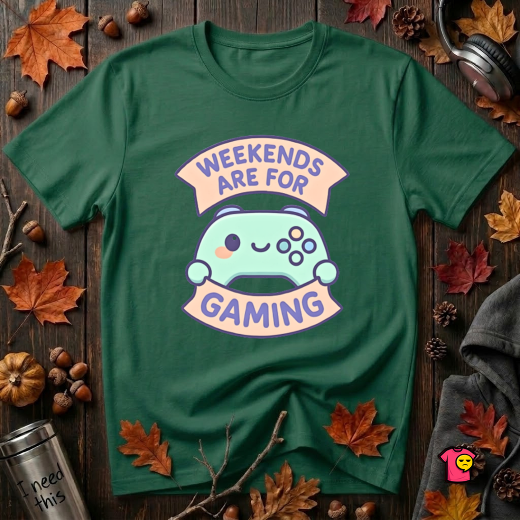 Weekends are for Gaming sarcastic gaming t-shirt in Evergreen by Snarky Sarks