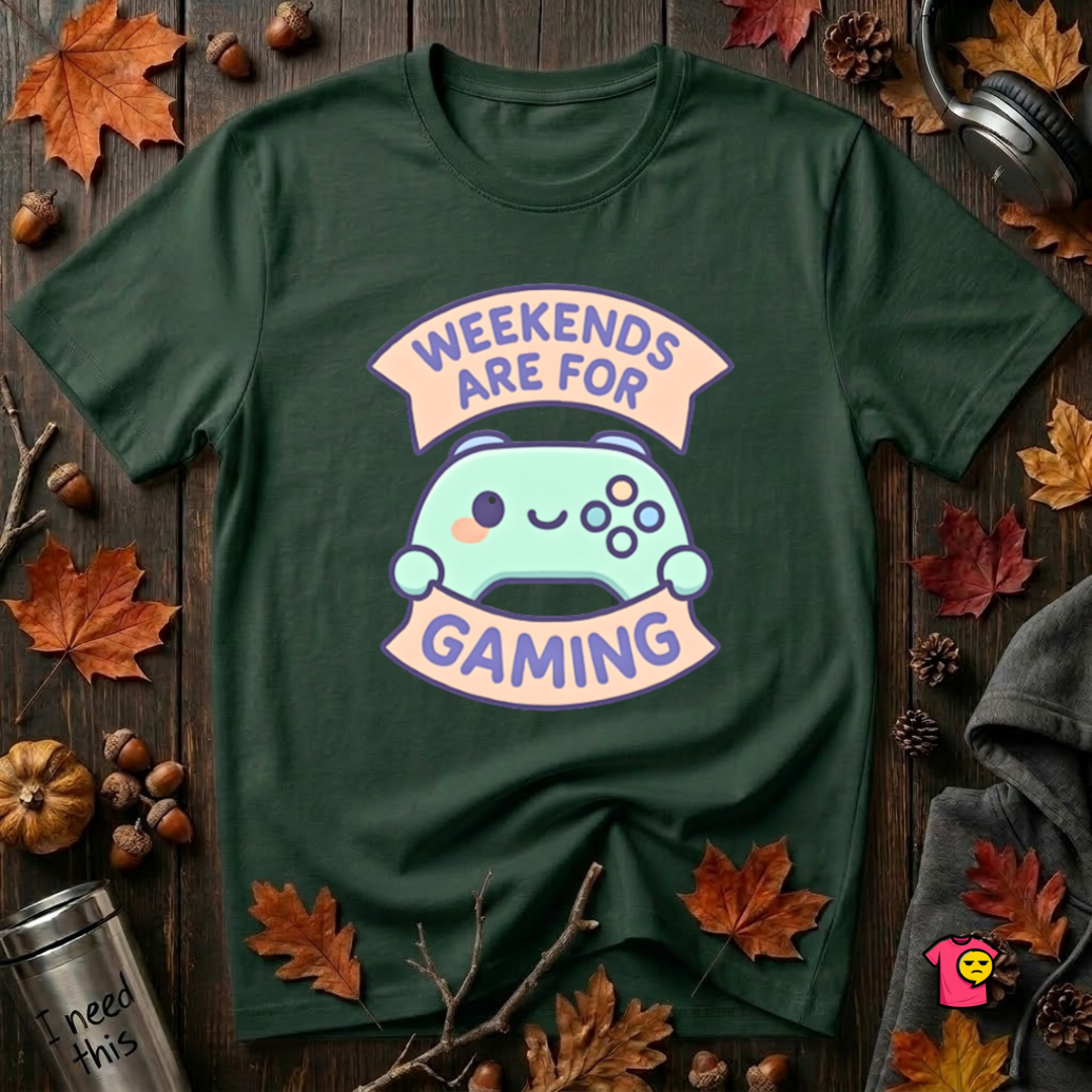 Weekends are for Gaming sarcastic gaming t-shirt in Forest by Snarky Sarks
