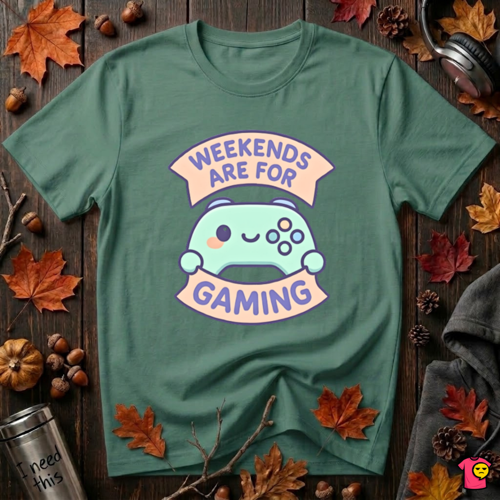 Weekends are for Gaming sarcastic gaming t-shirt in Grass Green by Snarky Sarks