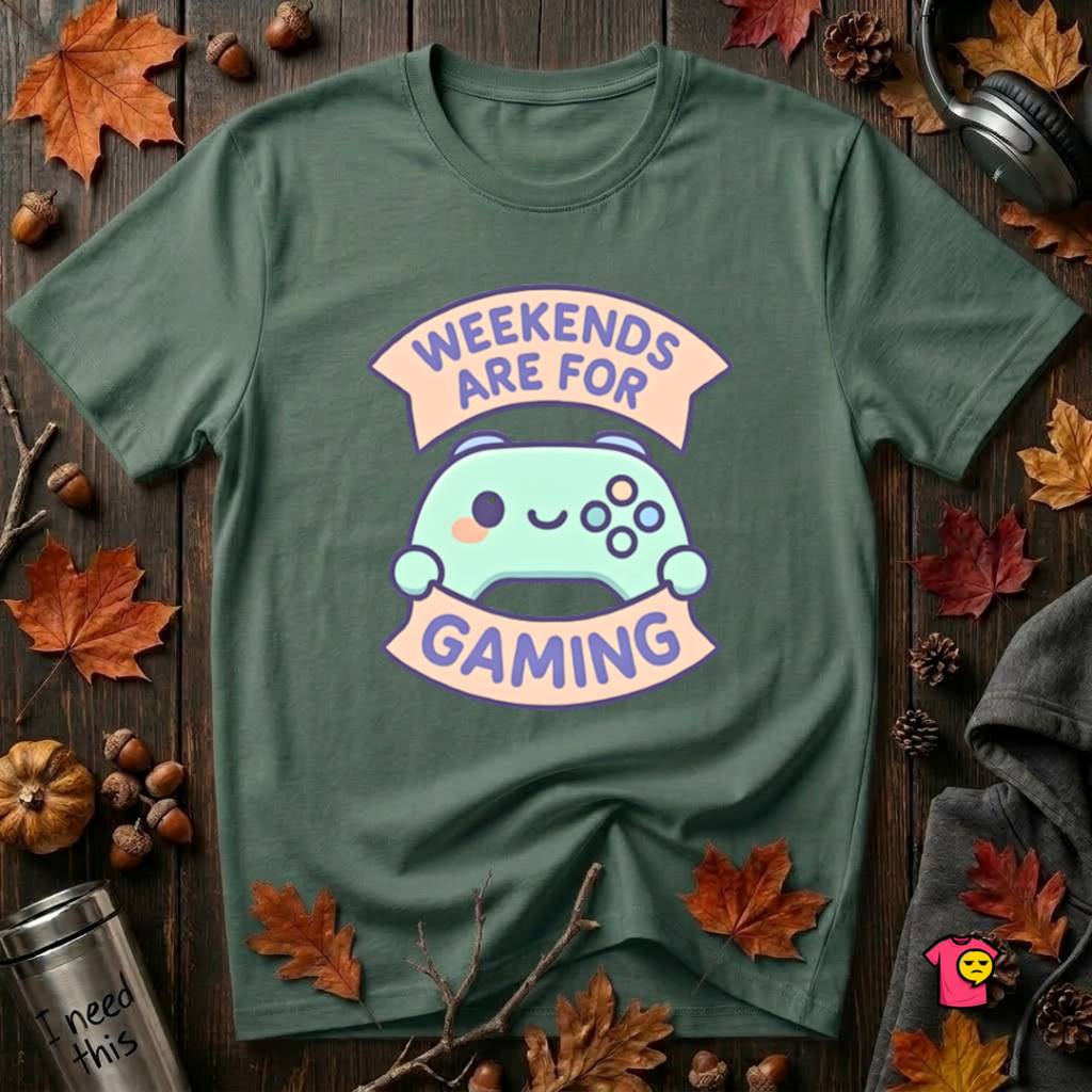 Weekends are for Gaming sarcastic gaming t-shirt in Heather Forest by Snarky Sarks
