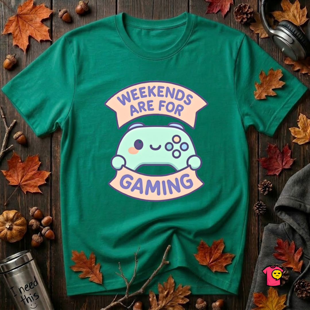 Weekends are for Gaming sarcastic gaming t-shirt in Heather Kelly by Snarky Sarks