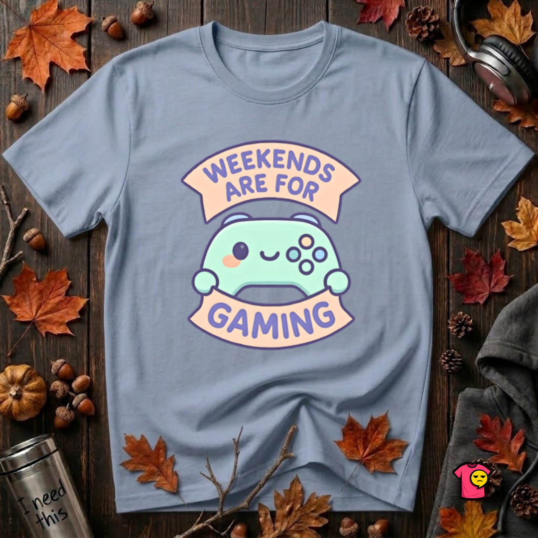 Weekends are for Gaming sarcastic gaming t-shirt in Heather Prism Blue by Snarky Sarks