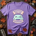 Weekends are for Gaming sarcastic gaming t-shirt in Heather Team Purple by Snarky Sarks