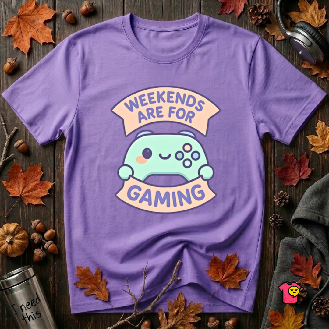 Weekends are for Gaming sarcastic gaming t-shirt in Heather Team Purple by Snarky Sarks