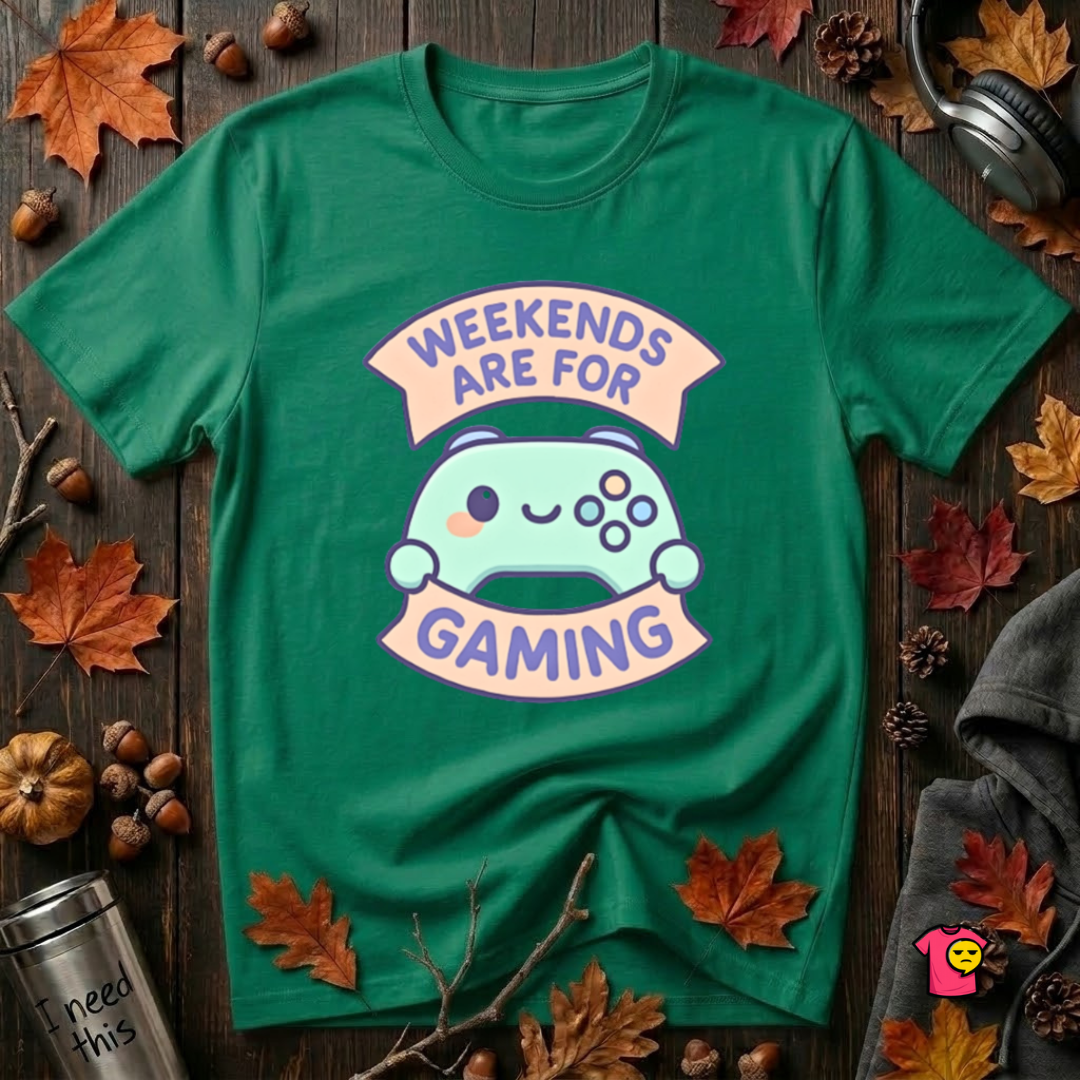 Weekends are for Gaming sarcastic gaming t-shirt in Kelly by Snarky Sarks