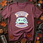 Weekends are for Gaming sarcastic gaming t-shirt in Maroon by Snarky Sarks