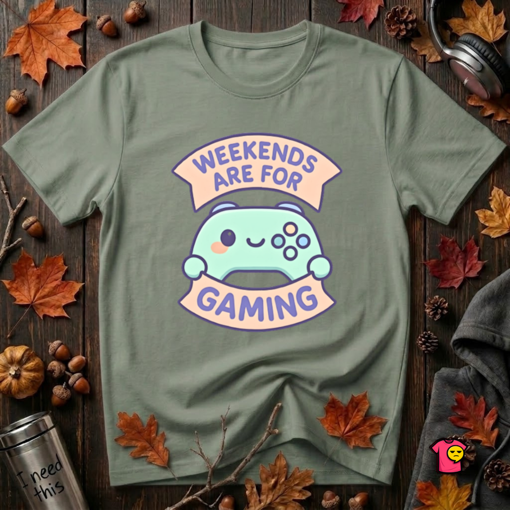 Weekends are for Gaming sarcastic gaming t-shirt in Military Green by Snarky Sarks