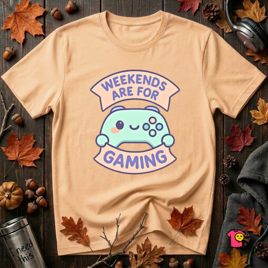 Weekends are for Gaming sarcastic gaming t-shirt in Peach by Snarky Sarks