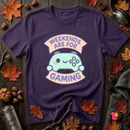 Weekends are for Gaming sarcastic gaming t-shirt in Purple by Snarky Sarks