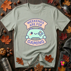 Weekends are for Gaming sarcastic gaming t-shirt in Sage by Snarky Sarks