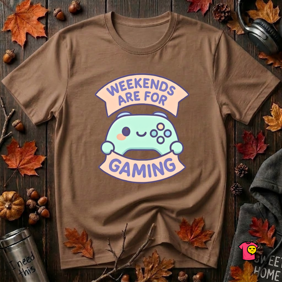 Weekends are for Gaming sarcastic gaming t-shirt in Sand Dune by Snarky Sarks