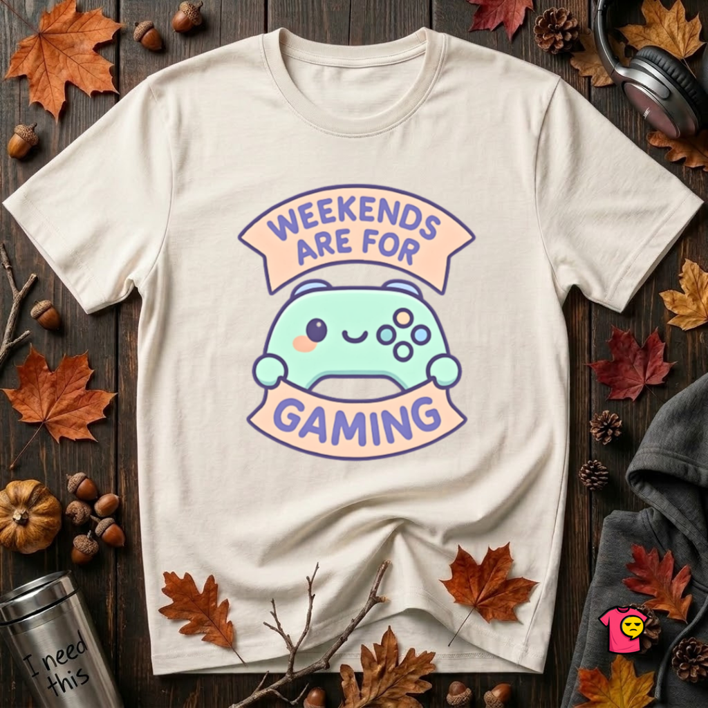 Weekends are for Gaming sarcastic gaming t-shirt in White by Snarky Sarks