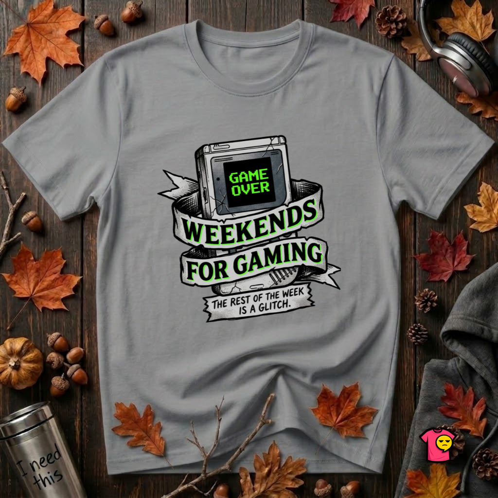 Weekends for Gaming sarcastic gaming t-shirt in Heather Storm by Snarky Sarks