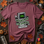 Weekends for Gaming sarcastic gaming t-shirt in Maroon by Snarky Sarks