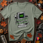 Weekends for Gaming sarcastic gaming t-shirt in Military Green by Snarky Sarks