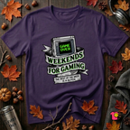 Weekends for Gaming sarcastic gaming t-shirt in Purple by Snarky Sarks