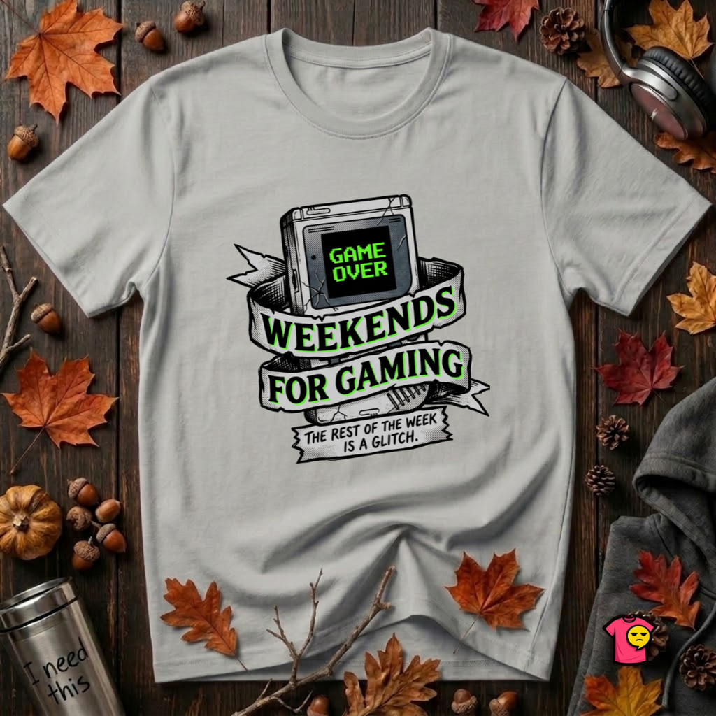 Weekends for Gaming sarcastic gaming t-shirt in Silver by Snarky Sarks