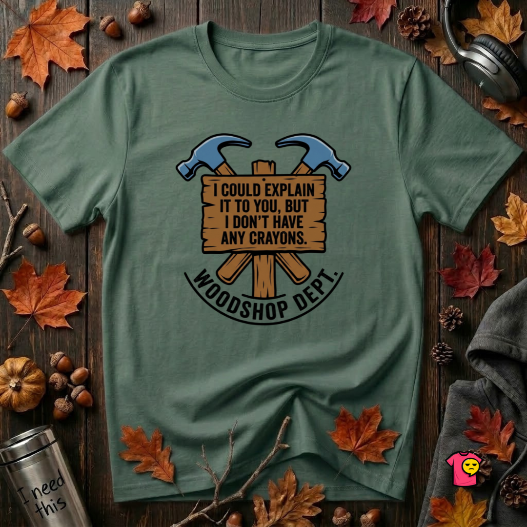 Woodshop Department woodworking t-shirt in Heather Forest by Snarky Sarks