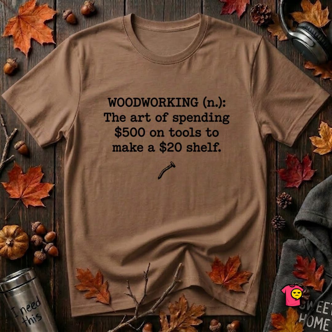 Woodworking (n.) sarcastic definition t-shirt in Sand Dune by Snarky Sarks