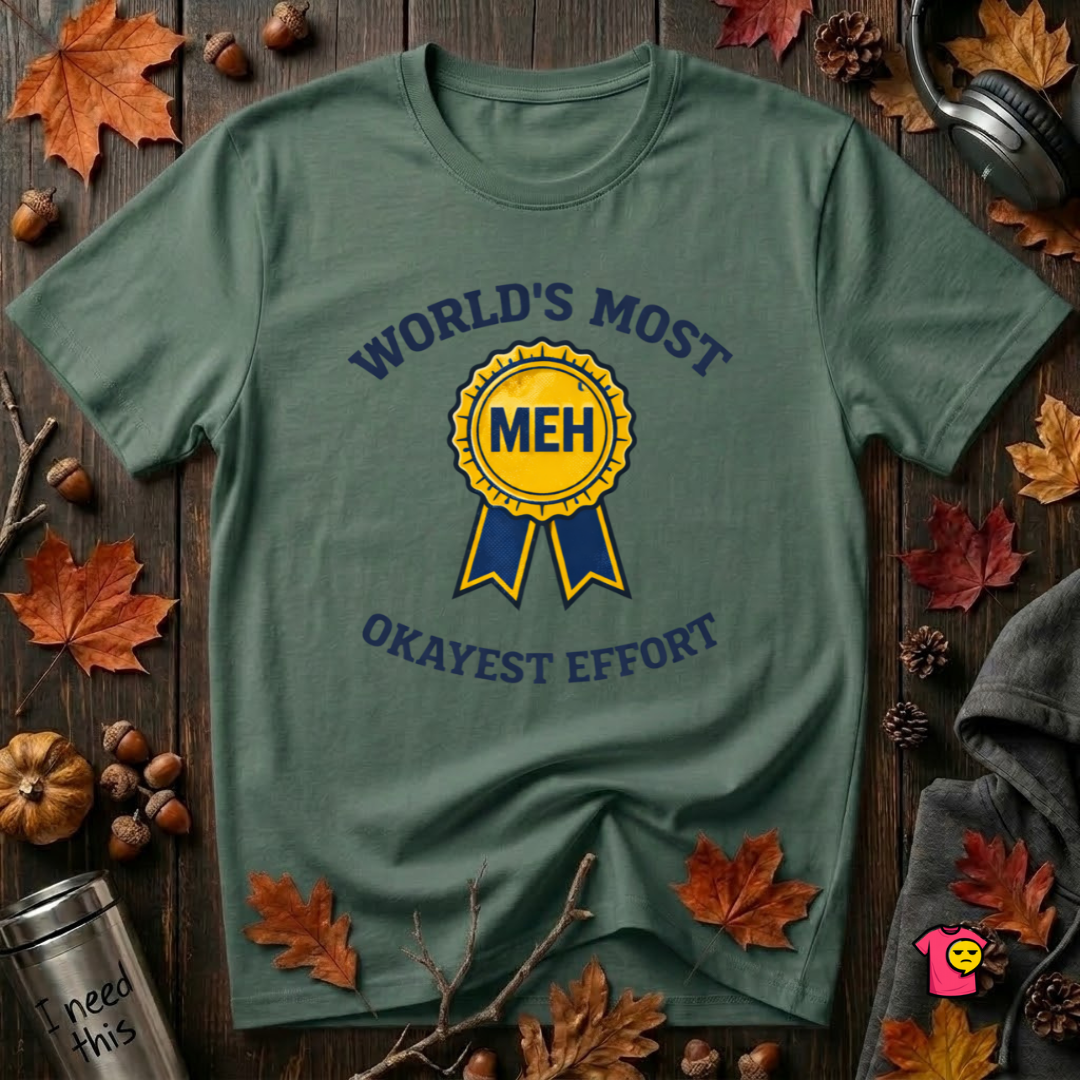 World's Most Okayest Effort sarcastic t-shirt in Heather Forest by Snarky Sarks