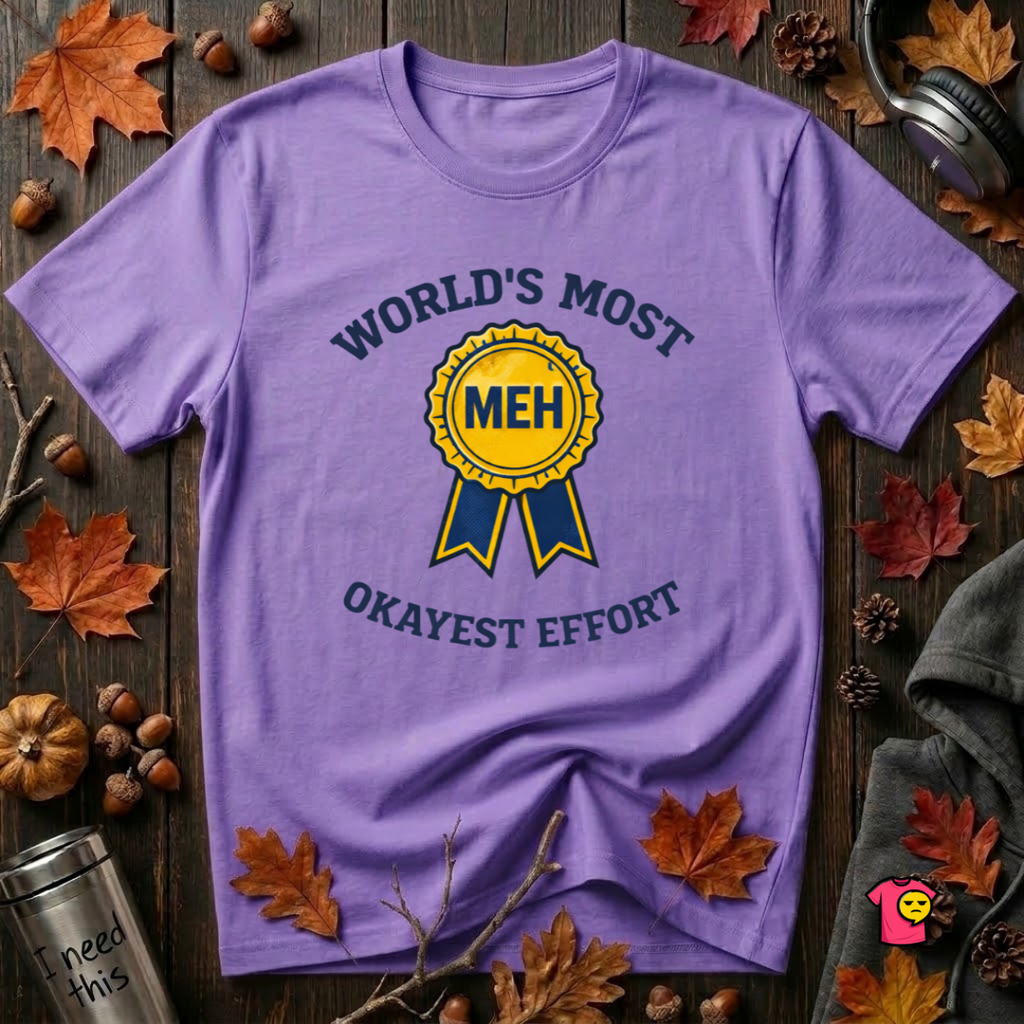 World's Most Okayest Effort sarcastic t-shirt in Heather Team Purple by Snarky Sarks