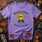 World's Most Okayest Effort sarcastic t-shirt in Heather Team Purple by Snarky Sarks