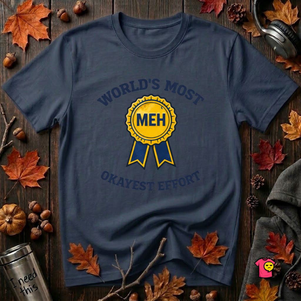 World's Most Okayest Effort sarcastic t-shirt in Navy by Snarky Sarks