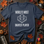 World's Most Okayest Player sarcastic graphic t-shirt in Navy by Snarky Sarks