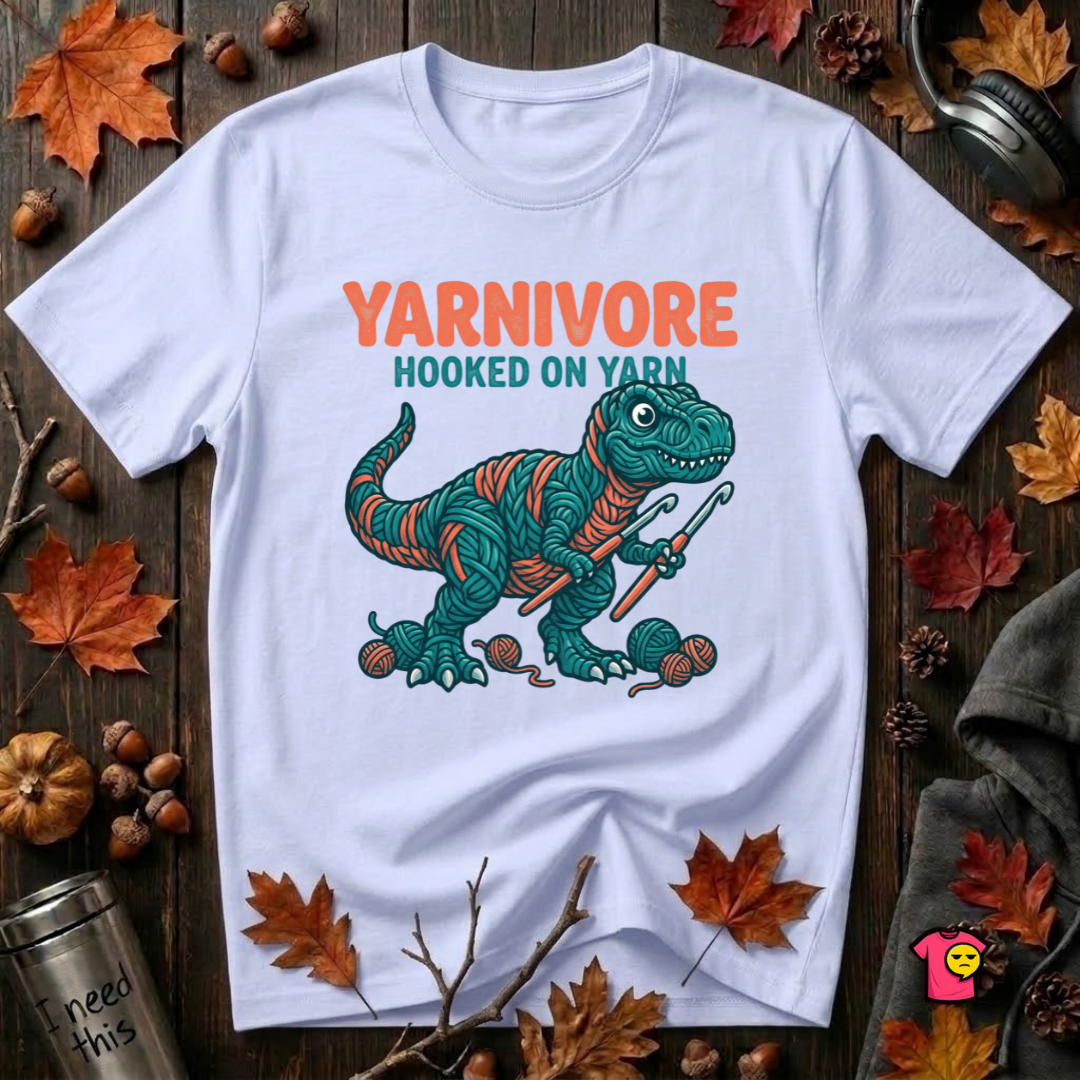 Yarnivore -- Hooked on Yarn crochet t-shirt in Ash by Snarky Sarks
