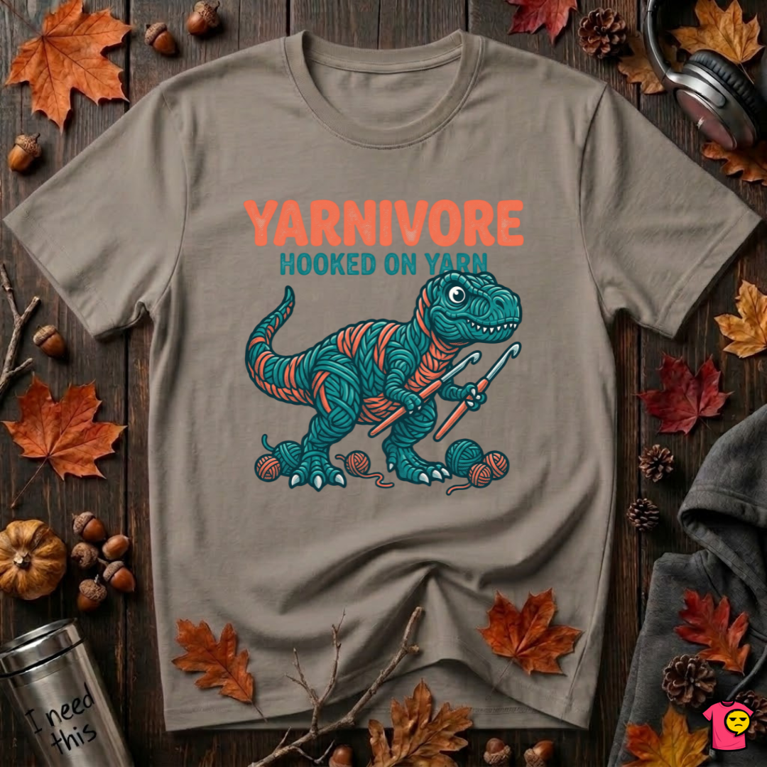 Yarnivore -- Hooked on Yarn crochet t-shirt in Asphalt by Snarky Sarks
