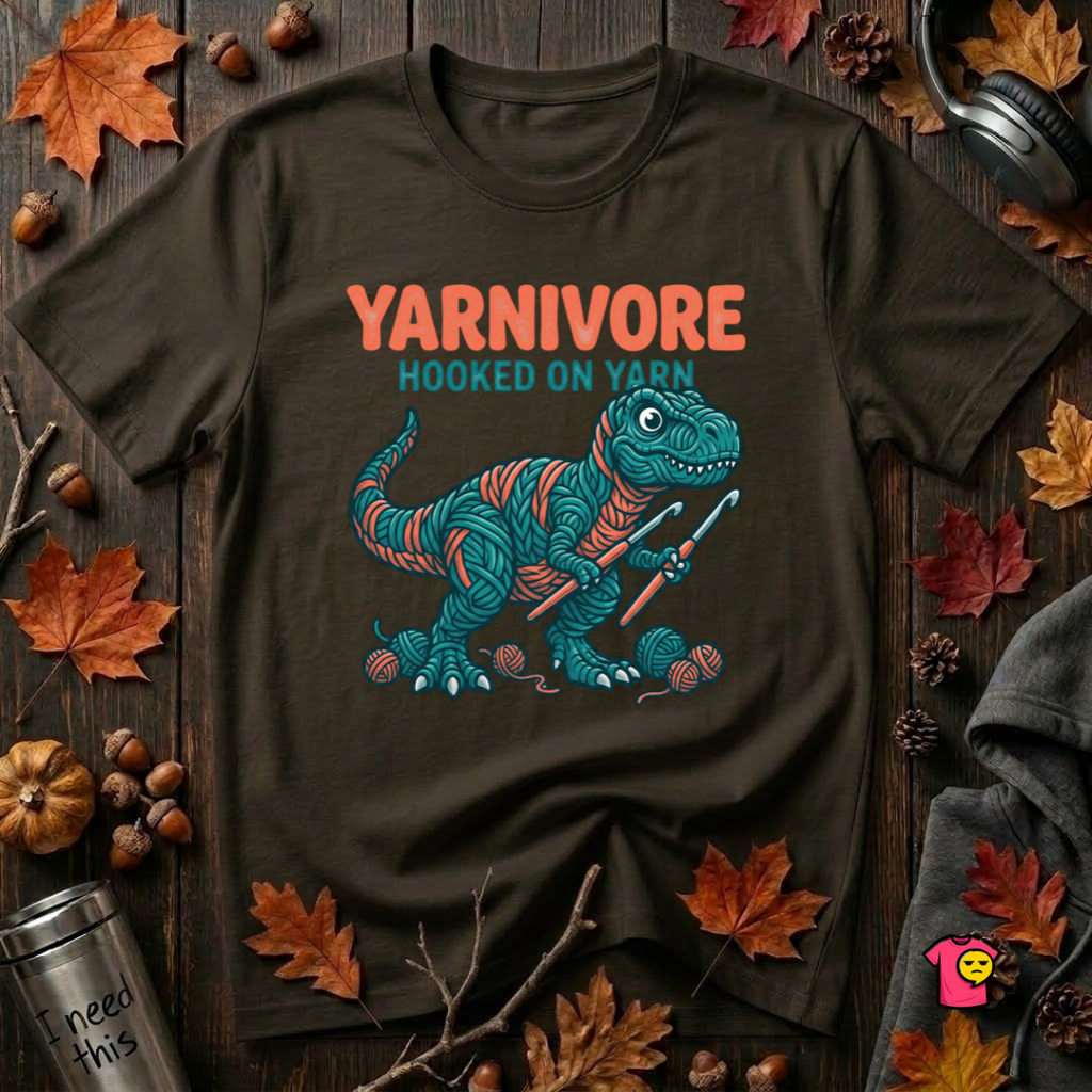 Yarnivore -- Hooked on Yarn crochet t-shirt in Black by Snarky Sarks