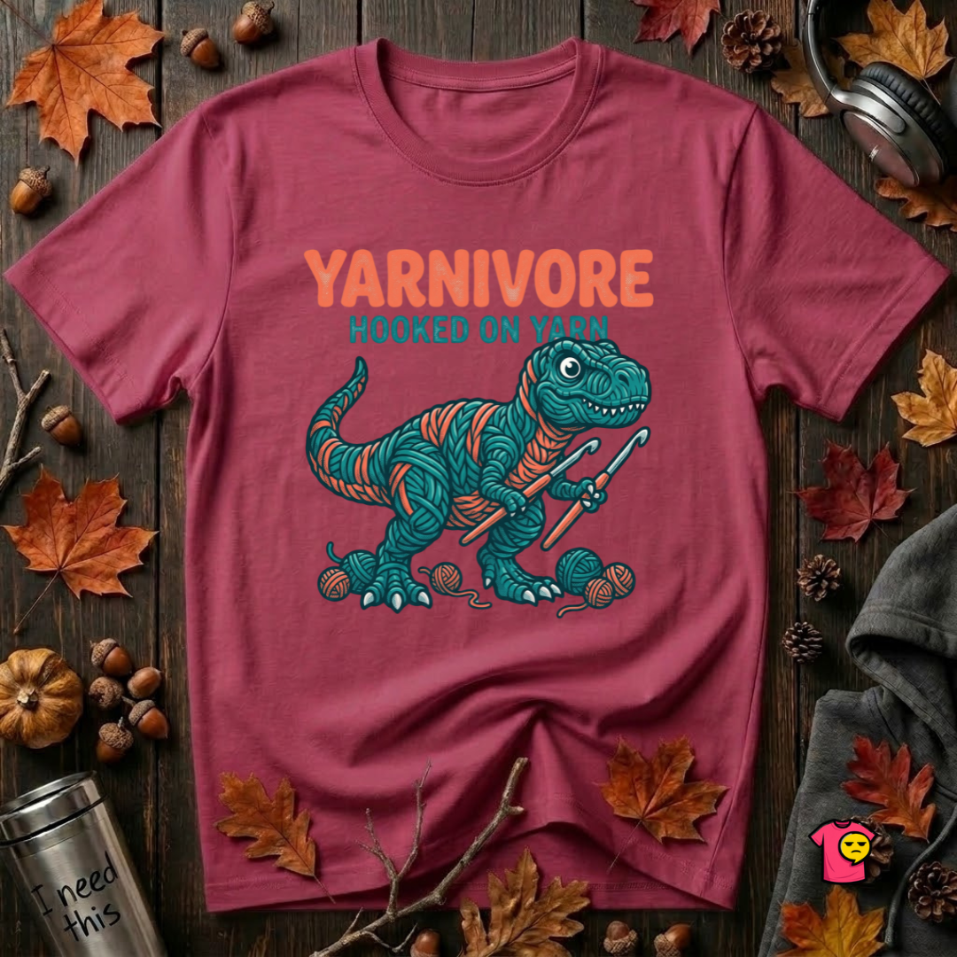 Yarnivore -- Hooked on Yarn crochet t-shirt in Cardinal by Snarky Sarks