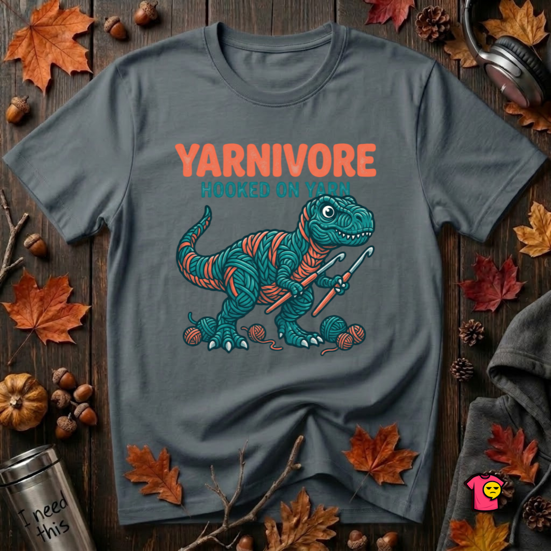 Yarnivore -- Hooked on Yarn crochet t-shirt in Dark Gray by Snarky Sarks