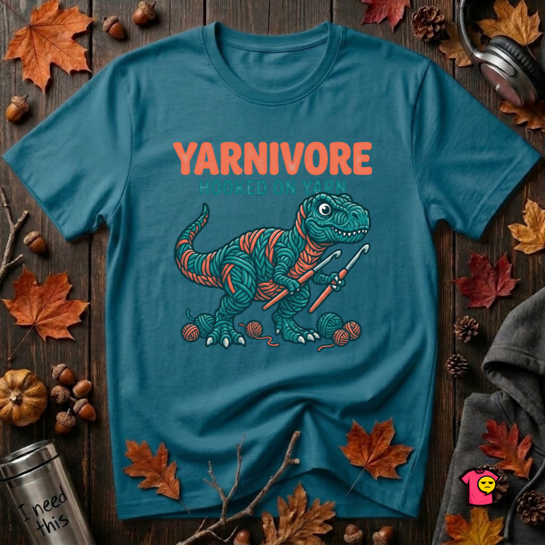 Yarnivore -- Hooked on Yarn crochet t-shirt in Deep Teal by Snarky Sarks