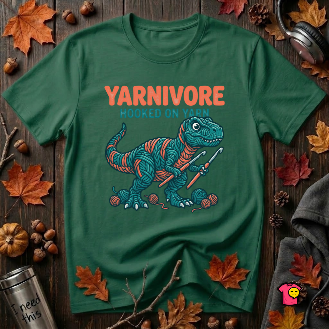 Yarnivore -- Hooked on Yarn crochet t-shirt in Evergreen by Snarky Sarks