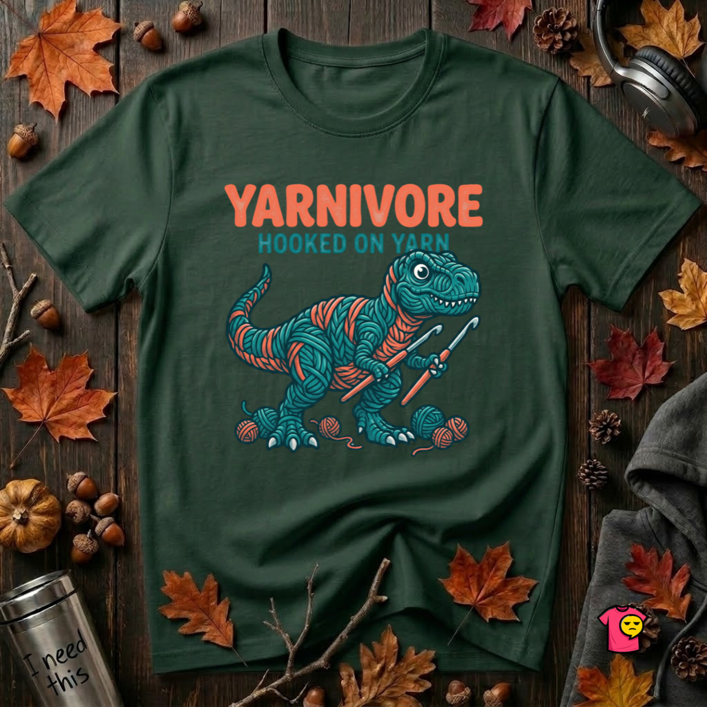 Yarnivore -- Hooked on Yarn crochet t-shirt in Forest by Snarky Sarks