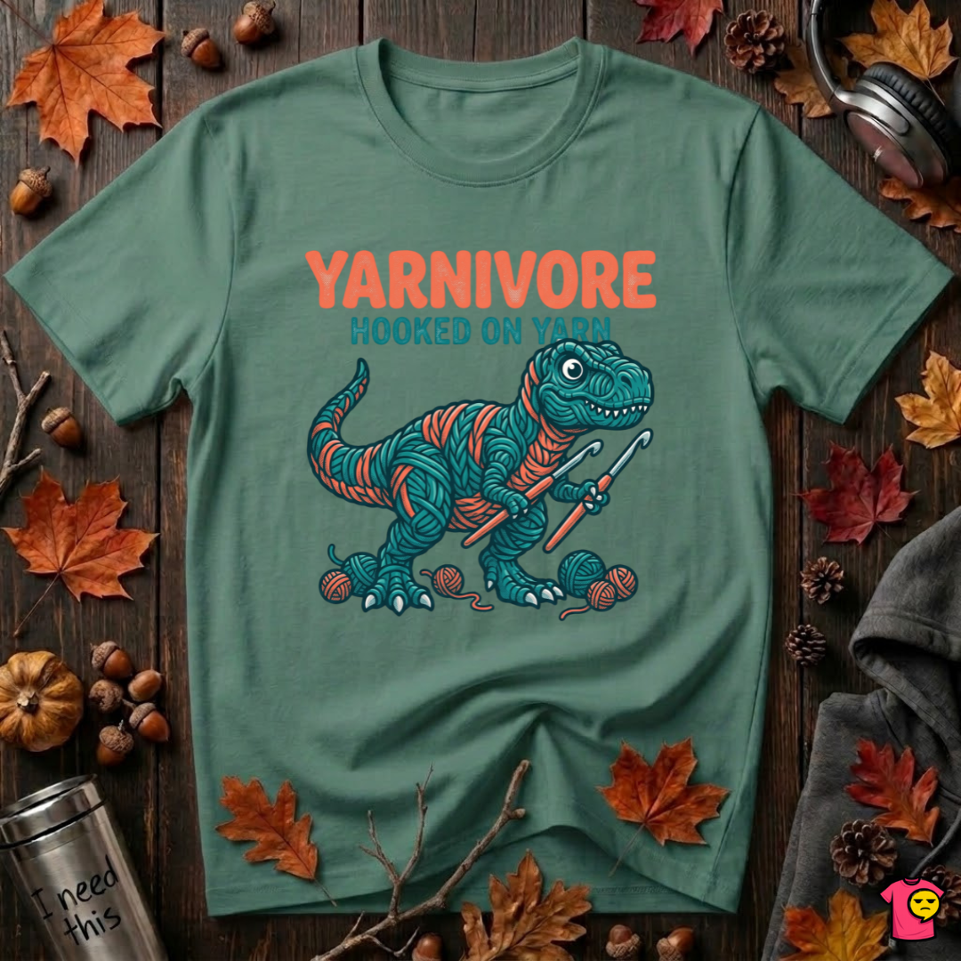 Yarnivore -- Hooked on Yarn crochet t-shirt in Grass Green by Snarky Sarks