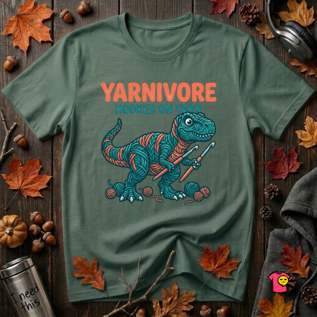 Yarnivore -- Hooked on Yarn crochet t-shirt in Heather Forest by Snarky Sarks