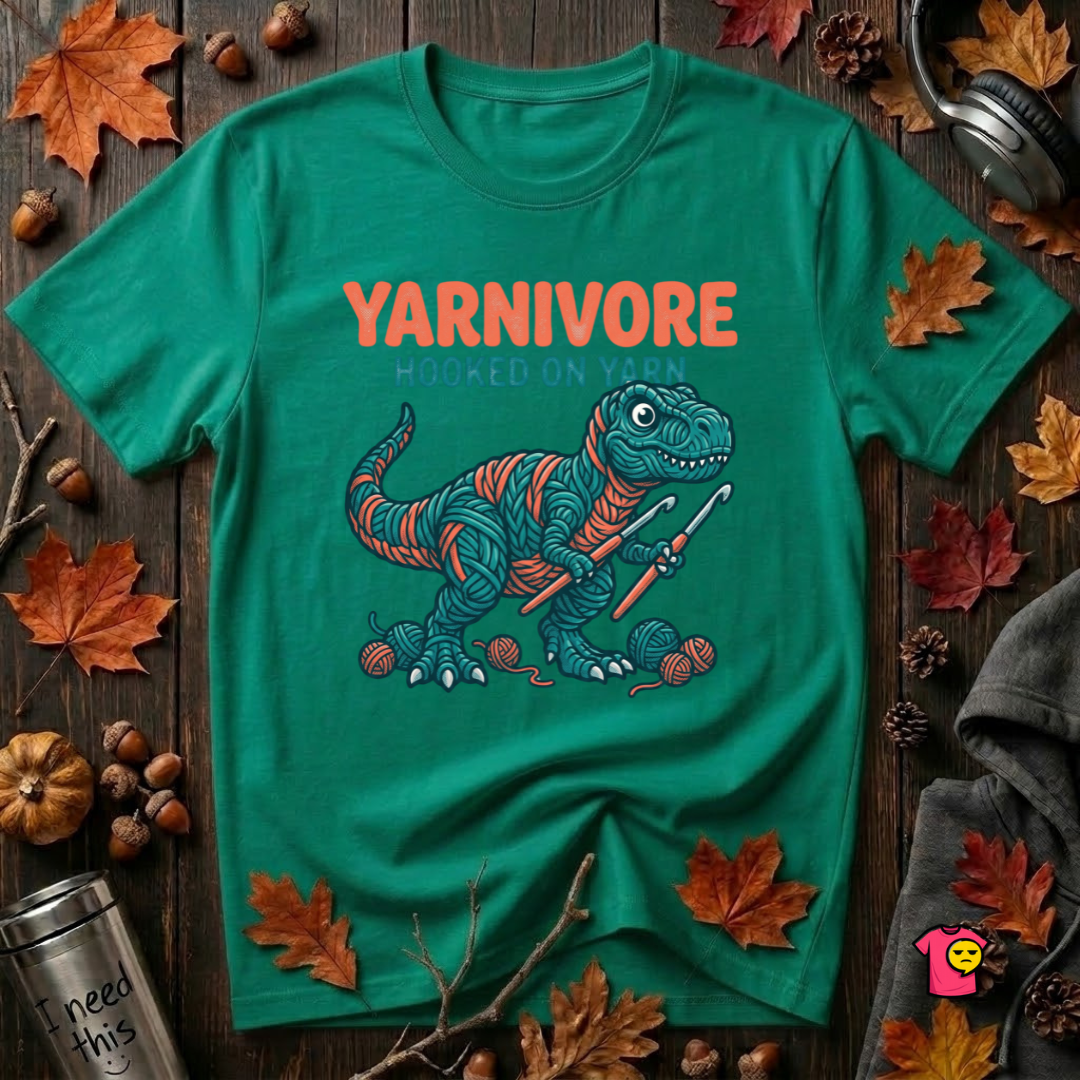 Yarnivore -- Hooked on Yarn crochet t-shirt in Heather Kelly by Snarky Sarks
