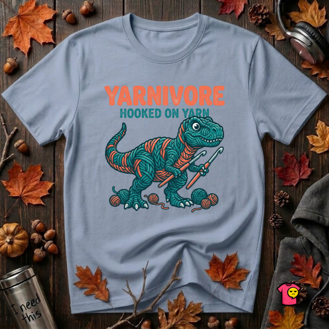 Yarnivore -- Hooked on Yarn crochet t-shirt in Heather Prism Blue by Snarky Sarks