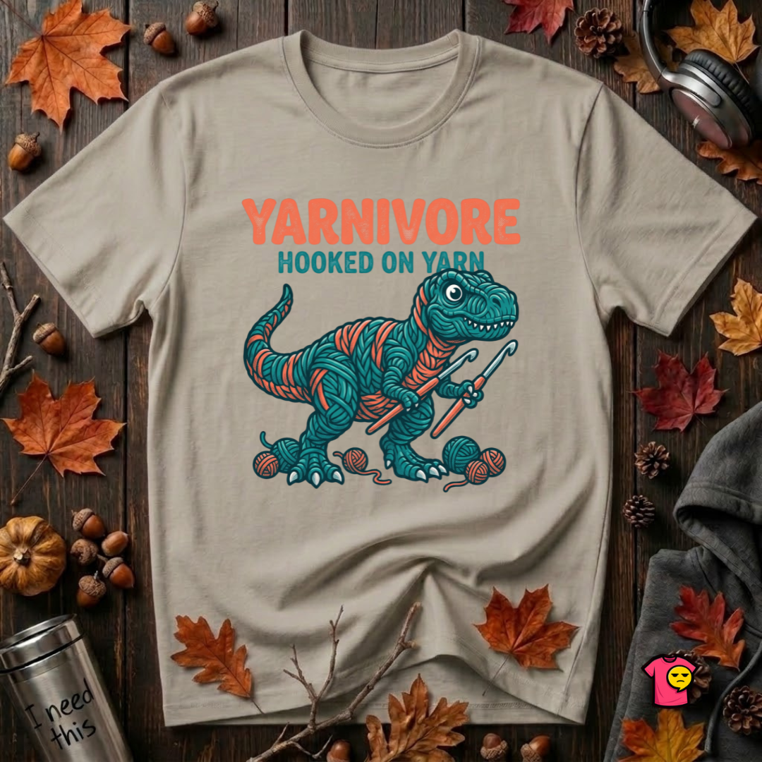 Yarnivore -- Hooked on Yarn crochet t-shirt in Heather Stone by Snarky Sarks